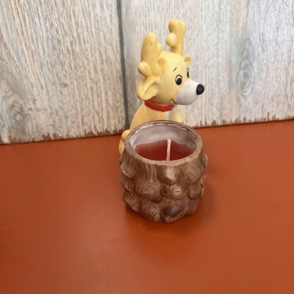 Reindeer Ceramic Candle Holder‎ With Red Accent Christmas Holiday Decor Vintage